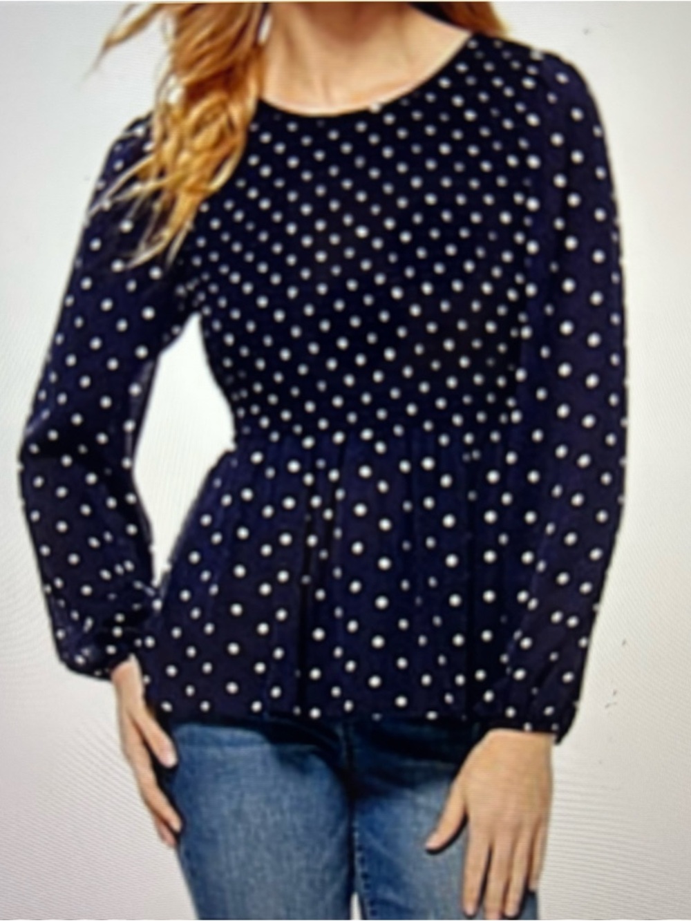SCOOP Navy Blue Polka Dot Long Sleeve Peplum Blouse